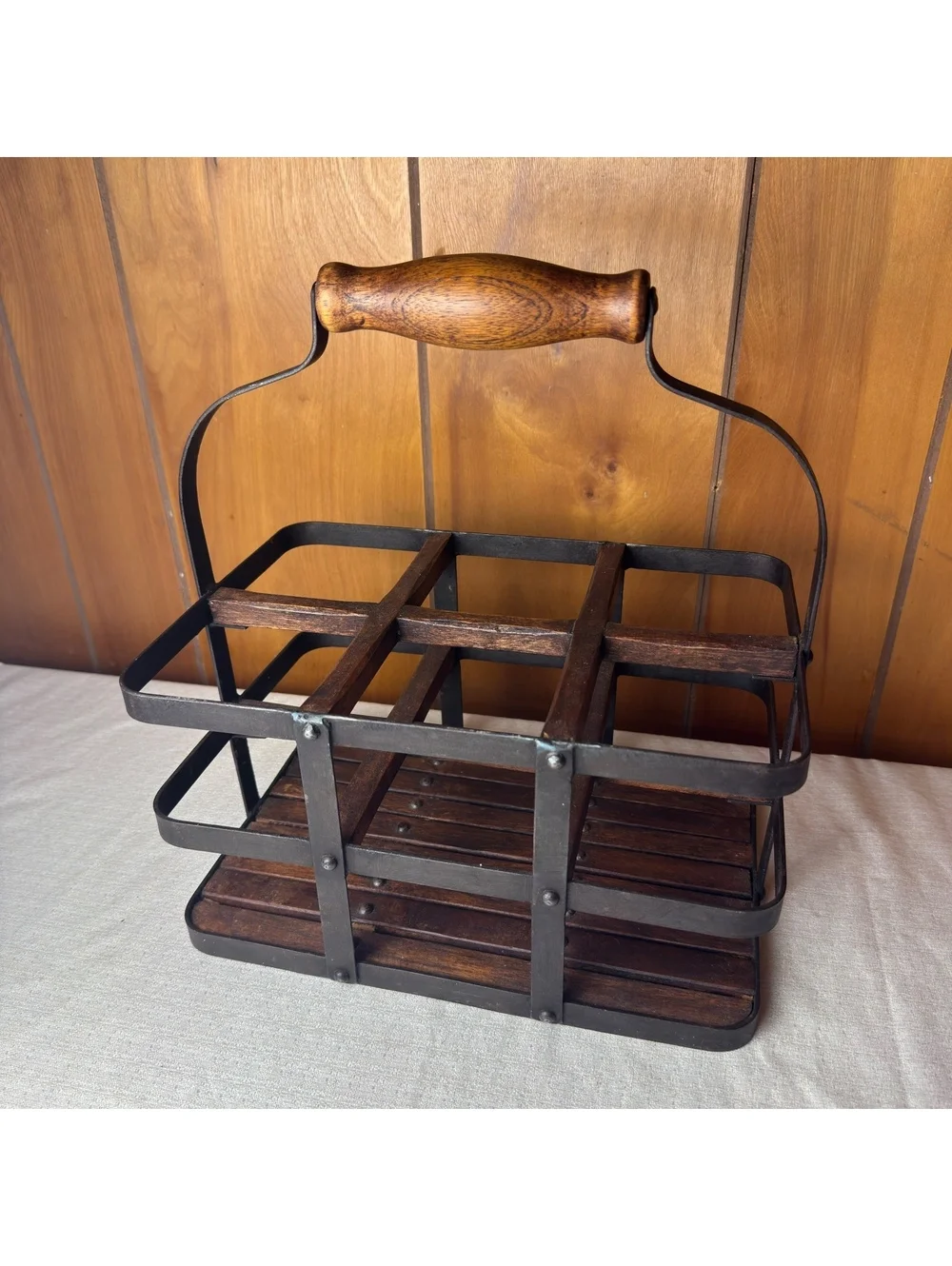 Wood Metal Bottle Caddy Wine Beer Carrier 6 Compartment Farmhouse Rustic Decor